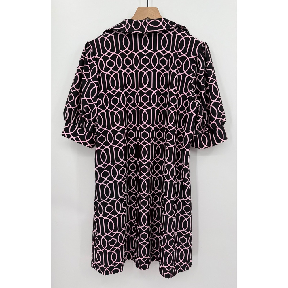 Jude Connally Black and Pink Geometric Puff-Sleeve Midi Dress - Picture 3 of 9